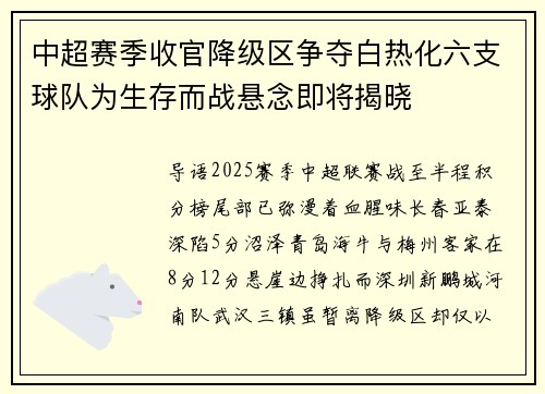 中超赛季收官降级区争夺白热化六支球队为生存而战悬念即将揭晓
